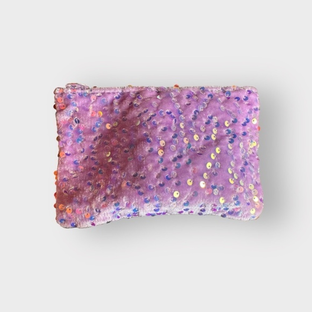 Sequinned Cosmetic / Small Bag 4”x7” Lilac Velour with Pink and Purple Sequins